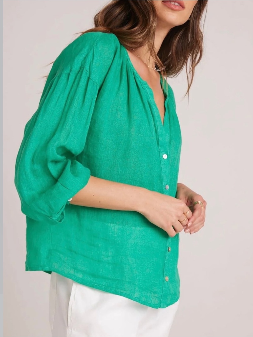 Bella Dahl Shirred Linen Blouse Kelly Green Button-Front Shirt